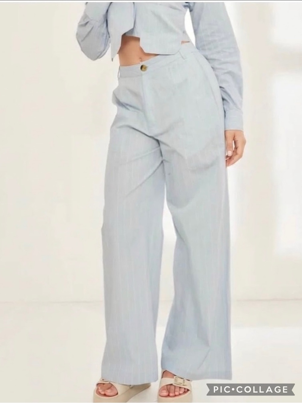PrettyLittleThing Blue Poplin Pinstripe Pants Tailired Wide Leg High Rise 6 NWT